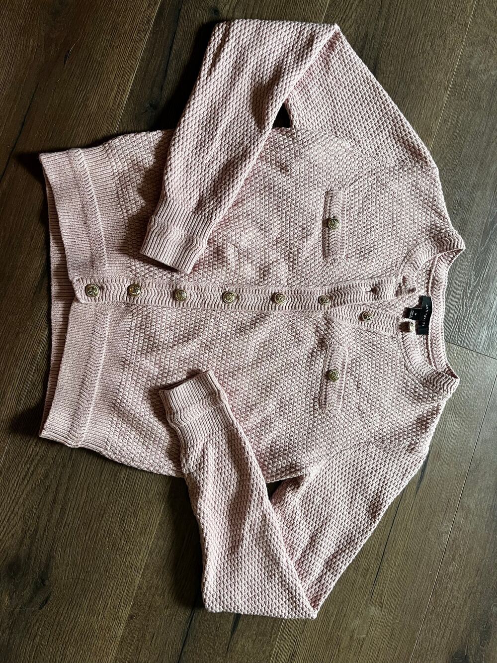 Ann Taylor Blush Pink Textured Knit Lady Jacket Gold Buttons Small Petite